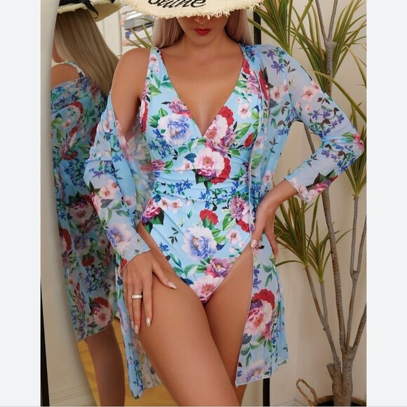 Shein v-neck one-piece swimsuit & matching cover up, blue & floral, size L - Picture 5 of 6